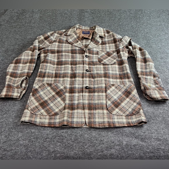 Pendleton Lightweight Shirt Jacket Brown & Beige Plaid VTG Mens Large EUC - Picture 3 of 9